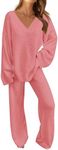 MEROKEETY Women's 2 Piece Outfits Fuzzy Fleece Pajama Set Long Sleeve Top Wide Leg Pants Loungewear, LightCoral, X-Large