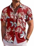 COOFANDY Mens Hawaiian Shirt Short Sleeve Button Down Shirt Summer Beach Shirt, Red - Tropical Leaf, X-Large