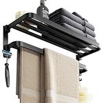 2 Tier Towel Rail Wall Mounted, Bathroom Towel Holder, Foldable Black Aluminium Towel Rail with Hooks, Drill/Self Adhesive Towel Rack for Bathroom Kitchen Toilet 60CM