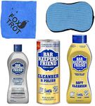 BAR KEEPERS FRIEND Cleanser Trio - Mega Bundle (21 Oz Cleanser and Polish Powder | 26 Oz Liquid Soft Cleanser | 13 Oz Cooktop Cleaner) Plus 1 Foxtrot Microfiber Towel and 1 Microfiber Scrubber Sponge