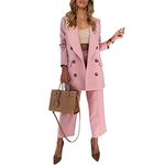 Buetory Women's 2 Piece Outfit Casual Double Breasted Open Front Work Office Blazer Loose Straight Leg Work Pants Suits Jackets Set Pink