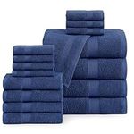 16 Piece Bath Towels - 100% Cotton Towels for Bathroom, Premium Quality Hotel Towels, Highly Absorbent Bathroom Towel Set, Super Soft, 4 Bath Towels, 4 Hand Towels, and 8 Wash Cloths - Navy