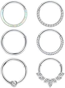 Kakonia 316L Surgical Steel Hinged Nose Rings Hoop 16G 18G Septum Rings for Women Men Clicker Cartilage Earrings Daith Helix Hoop Tragus Conch Piercing Jewelry 8mm 10mm