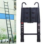 3.8m/12.5ft Aluminium Telescopic Ladder with Hooks, Telescoping Attic Roof Ladder, 13 Adjustable Steps, Extendable and Collapsible - Great for Cleaning Gutters, Decorating, Painting Walls