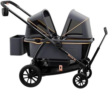 Pamo Babe All-Terrain Wagon Stroller for Two Kids, Double Stroller with Push or Pull Handle, Canopy, Storage Basket, Dinner Plate, Oversized Damping Wheels, Mosquito Net and Rain Cover Grey