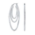 Pave Crystal Triple Oval Boho Fashion Statement Big Hoop Earrings For Women For Teen Silver Tone Stainless Steel 2 Inch