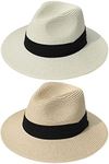 DRESHOW Women Straw Panama Hat Travel Fedora Beach Sun Hat Summer Wide Brim Straw Roll up Hat UPF 30+