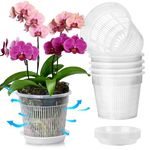T4U Orchid Pot, 6 Pack 16cm Orchid Pots with Holes and Saucers, Clear Orchid Pots for Repotting, Plastic Flower Plant Pot for Indoor Outdoor Plants, Slotted Orchids Planter for Root Health