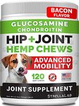 Hemp Treats - Glucosamine Dog Joint Supplement + Omega 3 - w/Hemp Oil - Chondroitin, MSM - Advanced Mobility Chews - Joint Pain Relief - Hip & Joint Care - Bacon Flavor - 120 Ct - Made in USA