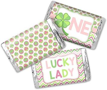 Lucky Lady First Birthday Mini Chocolate Candy Bar Sticker Wrappers for Kids, 45 1.4" x 2.6" Wrap Around Labels by AmandaCreation, Great for Party Favors