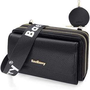 HNOOM Borse a Tracolla per Cellulare Portafoglio Donna Doppia Cerniera Lunga in Pelle PU Grande Capacità Mini Borsa Tracolla Donna con Portamonete e Tracolla Porta Cellulare Donna (Nero)