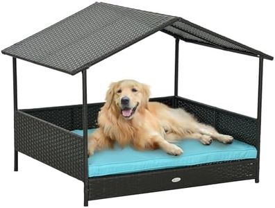 PawHut Rattan Dog House Outdoor with Shade Canopy, Elevated Wicker Dog Bed with Soft Cushion Washable Cover, for Medium Large Dogs, Blue