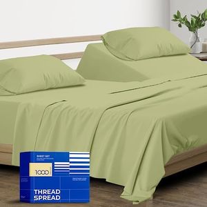 THREAD SPREAD 100% Pure Egyptian Cotton Split King Sheets Sets for Adjustable Bed - 1000 Thread Count 5 PC Top Split King Sheet for Sleep Number Bed, Cooling Sheet, Fits Mattress upto 18" - Sage Green