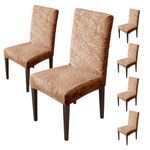 House of Quirk Stretchy Universal Camellia Jacquard Waterproof Chair Cover Removable & Washable Short Dining Chair Cover Protector Seat Slipcover (Camel,Pack of 6)
