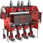 ZESEN Power Tool Organizer with Charging Station, Heavy Duty 4 Layer Drill Holder Wall Mount Garage Shelf Rack with 6 Outlet Power Strip, Tool Shelf with Hooks, Drill Bit Rack for Garage, Red