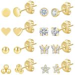 PRETOLE 8 Pairs Sterling Silver Stud Earrings for Women,14K Gold Plated Tiny Stud Earrings Set for Multiple Piercing Cartilage Hypoallergenic Earrings Cubic Zirconia Small Stud Earrings