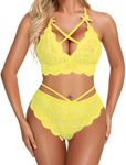 Xs and Os Women's Strappy Lace Bra Panty Lingerie Set (X-Large, Yellow)