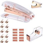 Rose Gold Desk Accessory Kit - Set of Acrylic Desktop Stapler, Staple Remover, Tape Dispenser, Staples and 10 Pieces Blinder Clips for Home School Office Supplies Stationery Desk Supplies