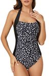 Smismivo Tummy Control Swimwear Halter One Piece Slimming Vintage Retro Swimsuit Womens Ruched Push Up Bathing Suit, Black Star, Small