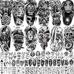 Bilizar 63 Sheets Tribal Wolf Lion Tiger Temporary Tattoos For Men Women Adults, Scary Halloween Skull Gangster Fake Tattoo Stickers Kids, Small 3D Realistic Tattoos Thigh Arm Neck Elephant Warrior