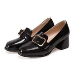 CoceMoce Block Heel Loafers Pumps for Women with Bow Knot Closed Square Toe Slip On Patent Leather Dress Shoes Comfortable Office Lady Working Business Party Event, Black-buckle, 8