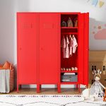 LINGZOE Single Door Metal Locker Accent Cabinet,Kids Wardrobe Dress up Cabinet with 2 Adjustable Shelves for Home Storage (Red)