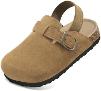 Toddler Suede Clogs for Boys Girls Genuine Leather Adjustable Buckle Slides Potato Indoor Outdoor Slippers Chestnut