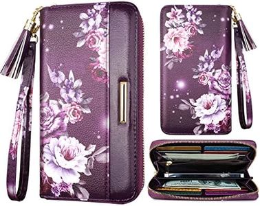 Coco Rossi Wallets for Women PU Leather Card Holder Organizer Ladies Clutch with Tassel Wristlet Wrist strap, Purple Flowers, long purse, Casual