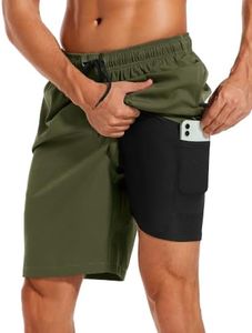 difficort Mens Swimming Trunks with Compression Liner Quick Dry Swimwear Beach Shorts with Zipper Pockets,Army Green,Medium