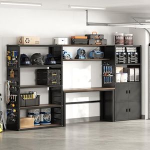 FLEXIMOUNTS 129"W Modular Garage Storage Cabinet with Workbench, Black