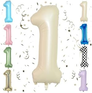 Beige 40 Inch Number 1 Balloon,Large Self Inflating Cream Foil Number Balloons 0-9 for Boys Girls,White Sand One Balloons for Birthday Party Decorations Supplies