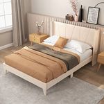 Giantex Queen Bed Frame with Geometric Wingback Headboard, Modern Beige Upholstered Platform Bed with 2 Side Storage Pockets and Wooden Slats, No Box Spring Needed, Easy Assembly