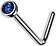 FIFTH CUE Solid Grade 23 Titanium Press Fit Cubic Zirconia 2mm Micro Ball Top L bend Stud Nose Ring (20G BLUE)