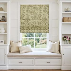 TWOPAGES Cordless Vintage Leaf Print Roman Shades Linen Textured Roman Blinds for Windows, Custom Made Room Darkening Light Filtering Roman Window Shades Washable, Travertine, 1 Piece