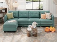 LLappuil Modular Sectional Sofa Faux Leather Fabric L Shaped Sofa with Storage, Convertible 5 Seater Sofa with Reversible Chaise, 112 Inch Modern Modular Couch with Ottoman, Aqua Blue