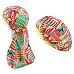 2pcs/Set Durag and Bonnet Long Tail Doo rag Elastic Turban Sleep Cap for Women, A3, One Size