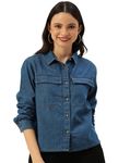 BENE KLEED Women Cotton Denim Shirt with Big Pockets and Contrast Stitch (Medium Blue_ Extra-Small)