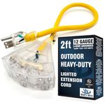 2 ft - 12 Gauge Heavy Duty Extension Cord - 3 Outlet Lighted SJTW - Indoor/Outdoor Extension Cord by Watt's Wire - 2' 12-Gauge Grounded 15 Amp Extension Cord Splitter