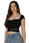 SIGHTBOMB Cap Sleeve Square Neck Empress Lace Front Bow Tie Slim Fit Crop Tops For Women (Medium, Black)