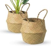 BrilliantJo Seagrass Belly Basket, Set of 2 Woven Plant Pot Holder handmade Home Decor for Storage Plants Picnic Grocery Medium(10.63 x 9.44 inch)