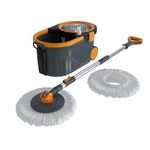 Bonkaso Velocity Stainless Steel Wringer Spin Mop with Big Wheels with 2 Microfiber Refills | 360° Rotating Mop & Adjustable Handle Gray & Orange
