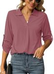 Odosalii Womens Casual V Neck Tunic Blouses Rolled Up Sleeve Basic Top Plain Shirts