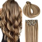 SURNEL Clip in Hair Extensions Color 4 Medium Brown Highlighted 27 Caramel Blonde Clip in Hair Extensions Human Hair Real Remy Clip in Human Hair 6pcs 100g 14 inch(#4P27,14")