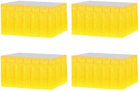 MECCANIXITY 4 Pack 29x108 Inch Yellow Metallic Foil Fringe Table Skirts for Rectangle Tables Tinsel Backdrop Curtain for Wedding, Birthday, Halloween, Christmas