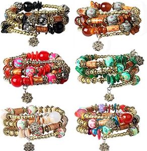 Kakonia 6 Sets Bohemian stackable Beads Bracelets for Women Stretch Multilayered Bracelet Set Multicolor Boho Jewellery