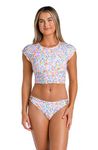 Hobie Women's Crop Rashguard Swimsuit Top Rash Guard Shirt, Multi//Ditsy Ditsy, Large