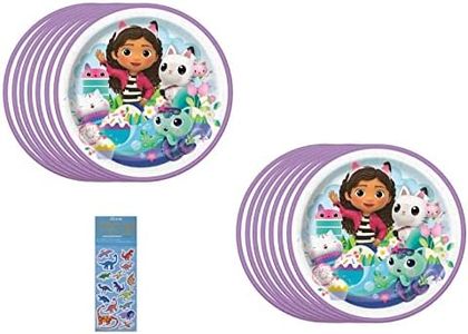 Unique Gabbys Dollhouse Birthday Party Supplies Bundle Pack includes Lunch Paper Plates and 1 Dinosaur Sticker Sheet - 16 Plates