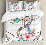 Ambesonne Anchor Duvet Cover Set, Watercolor Spring Blossoms and Feathers on a Doodle Style Anchor, Decorative 3 Piece Bedding Set with 2 Pillow Shams, Queen Size, Brown Pink