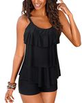 DOULAFASS Women Ruffle Tankini Set with Boyshort 2 Piece Plus Size Swimsuit Swimwear for C-D Cup Black