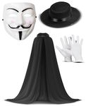 Dreamzfit - Adult Anonymous Hacker Guy Fawkes V for Vendetta Costume Kit ~ Black Hooded Cape, Vendetta Mask, Hat & White Gloves | Men Women Halloween Fancy Dress Outfit